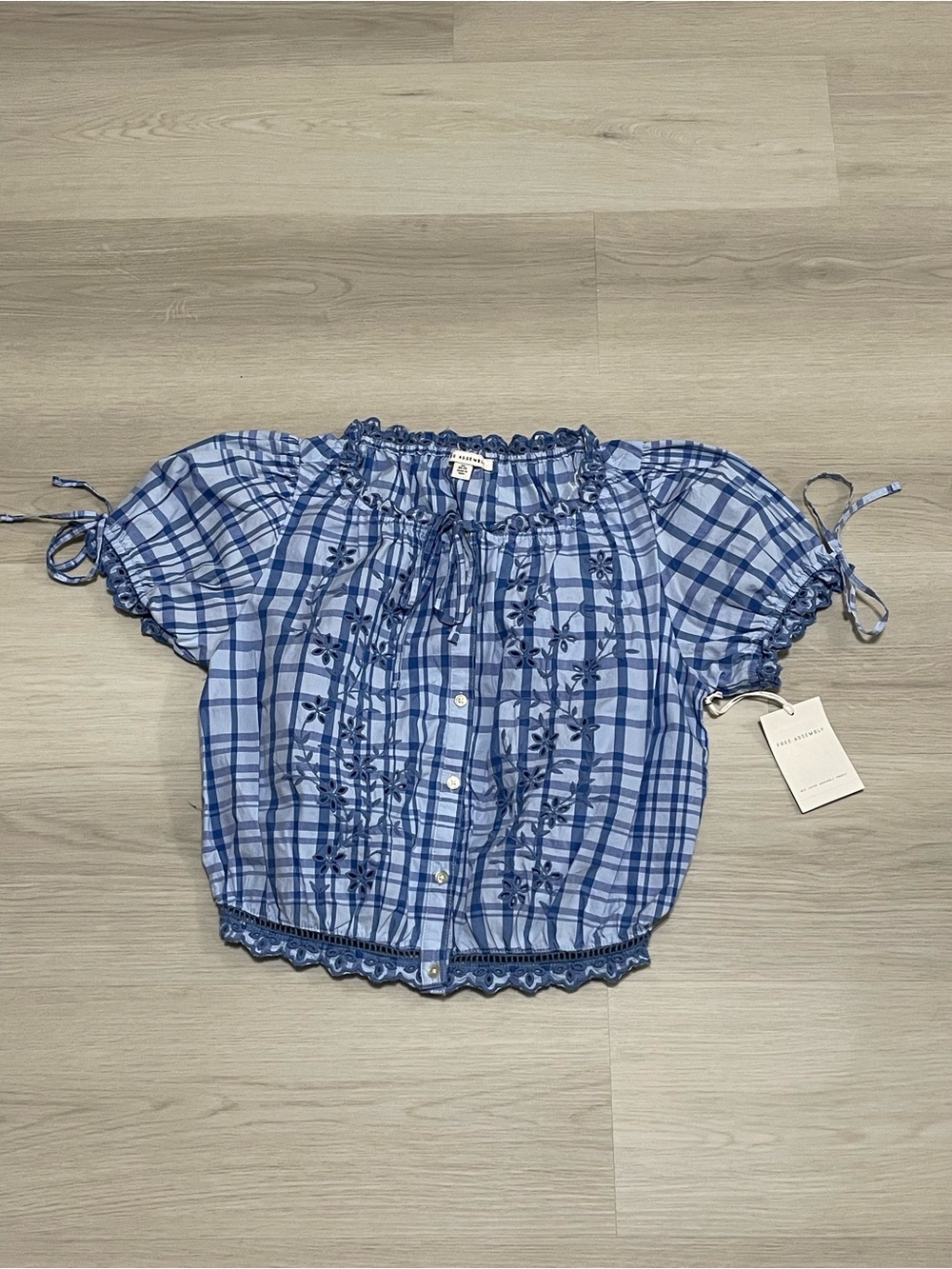 Blue Plaid Embroidered Peasant Top - Women's